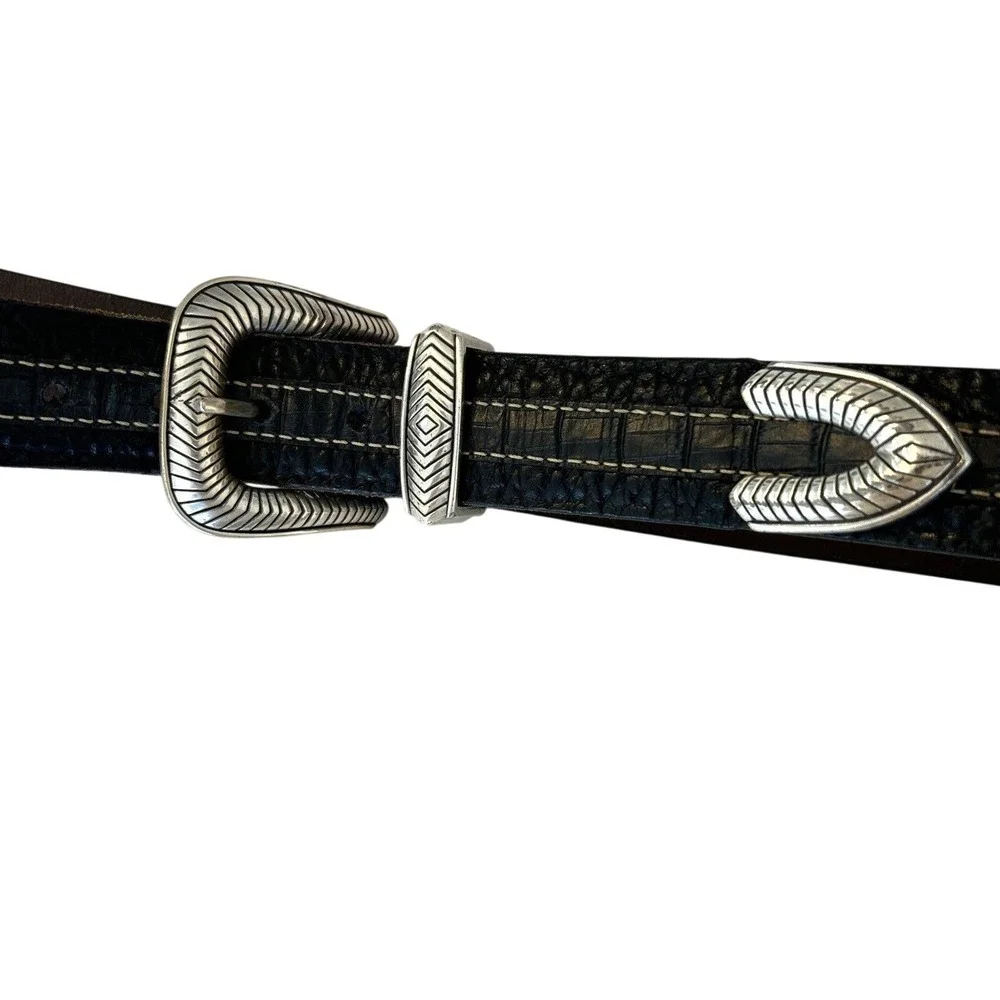 VAmerican Bison Leather Western Belt Mens 40 Black Brown  Embossed Silver Buckle